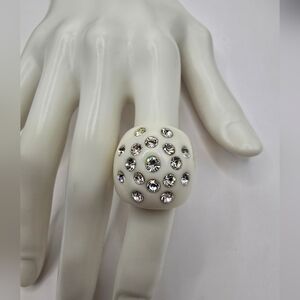 Vintage White Lucite Clear Crystal Ring Size 6.5
